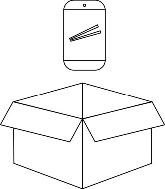 Bir yemek çubuğu simgesini gösteren akıllı telefon açık bir karton kutunun üzerinde asılı durur, yemek siparişini ya da internetten sipariş vermeyi önerir..