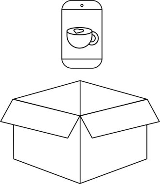 Açık bir karton kutunun üzerinde bir kahve fincanı simgesi gösteren bir akıllı telefon, bir teslimat veya çevrimiçi sipariş kavramını önerir..