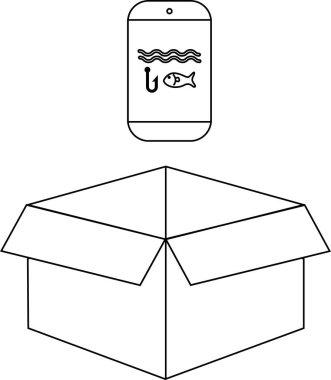 Basit bir çizgi çizimi, açık bir karton kutunun üzerinde balık uygulaması simgesi olan akıllı bir telefonu gösteriyor..