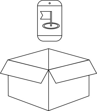 Açık bir karton kutunun üzerinde konum simgesini gösteren bir akıllı telefon, teslimat takibi veya konum tabanlı bir servis.