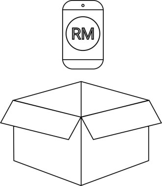 Ekranda RM harfleri olan bir akıllı telefon açık bir karton kutunun üzerine yerleştirilmiştir. Bu da teslimat veya ambalaj önerir..