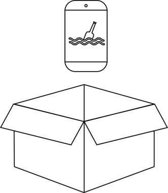 Bir şişe simgesinde mesaj gösteren bir akıllı telefon açık bir karton kutunun üzerinde asılı duruyor. Dijital iletişim ya da teslimat öneriyor..