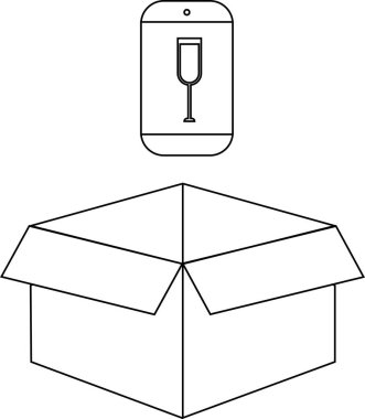 Şarap kadehi simgesini gösteren bir akıllı telefon açık bir karton kutunun üzerine yerleştirilir. Bu da şarapla ilgili ürünlerin dağıtımı veya paketlenmesini önerir..