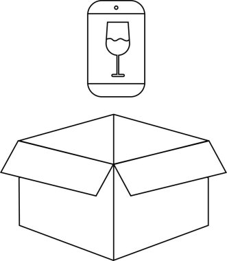 Açık bir karton kutunun üzerine yerleştirilmiş bir şarap kadehi simgesini gösteren bir akıllı telefonun minimalist çizimi, teslimatı veya uygulama tabanlı servis sunucusunu öneriyor..