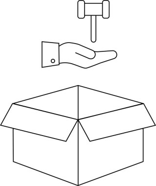 Açık bir karton kutunun üzerindeki tokmağı sunan bir elin yer aldığı açık artırma konseptinin sembolik bir çizimi, açık artırma ya da satış önerisi.