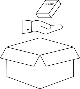 Kitabı açık bir karton kutuya koyan eli tasvir eden minimalist bir illüstrasyon, bağış veya depolamayı simgeliyor..