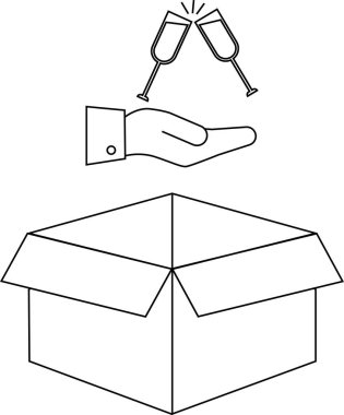 Kutunun üstünde şampanya bardaklarıyla kadeh kaldıran bir el. Kutlamayı, hediyeleri veya özel durumları sembolize ediyor..
