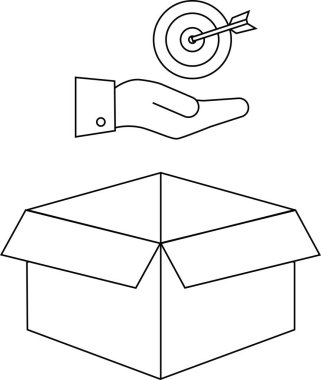 Açık bir kutunun üzerindeki hedefe uzanan bir eli gösteren kavramsal bir çizim, hedef belirleme ve başarıyı sembolize ediyor.