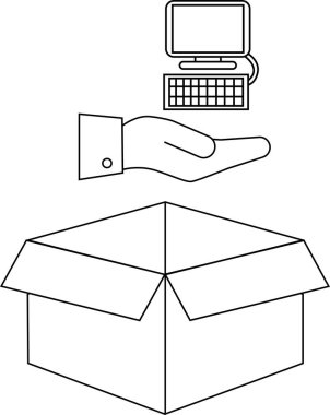 Bilgisayarı açık bir karton kutuya koyan bir el resmi, teknoloji teslimatını ya da taşınmayı simgeliyor.