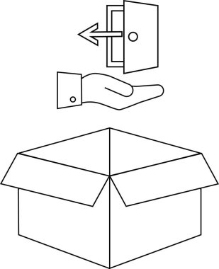 Bir el, kapı, ok ve açık kutunun bulunduğu, yenilikçi çözümleri sembolize eden, kutunun dışındaki düşünceyi tasvir eden kavramsal bir illüstrasyon..