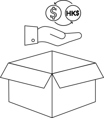 Açık bir kutunun üzerinde para değişimi sunan bir el, mali işlemleri, ticareti veya yatırım fırsatlarını sembolize eder.