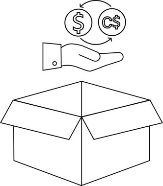 Açık bir kutunun üzerinde, mali işlemleri, ticareti veya yatırım fırsatlarını temsil eden bir döviz kurunu sunan bir el. Çizgi çizimi.