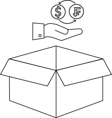 Açık bir kutunun üstündeki İsviçre frangı için bir dolar teklif eden döviz takasını tasvir eden bir çizgi çizimi, mali işlemleri ve yatırımı simgeliyor..
