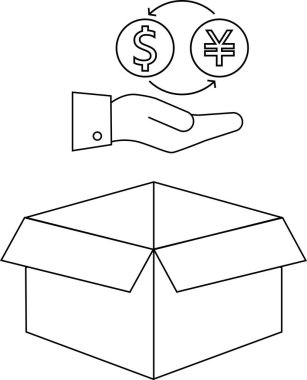 Açık bir kutunun üzerinde para değişimi tasvir eden basit bir çizgi çizimi, mali işlemleri veya yatırımları sembolize ediyor.