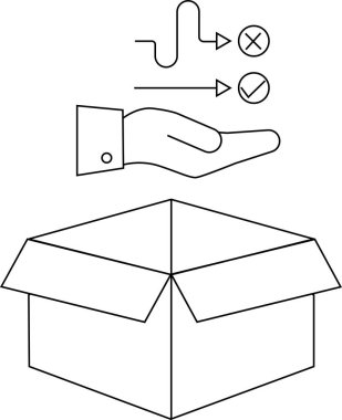 Paketleme ve teslimat için karar verme sürecini resmeden bir illüstrasyon, bir kutuya koymak için en iyisini seçmeden önce düşünülen seçenekleri gösteriyor.