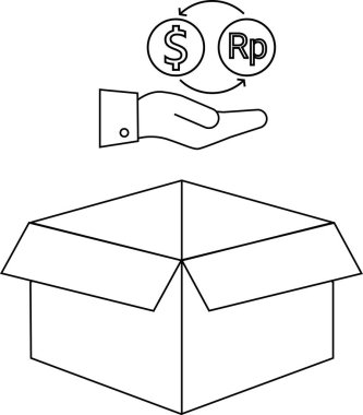 Açık bir karton kutunun üzerinde Rupiah ile dolar değiş tokuşu yapan bir el resmi, uluslararası ticareti veya döviz kurunu simgeliyor..