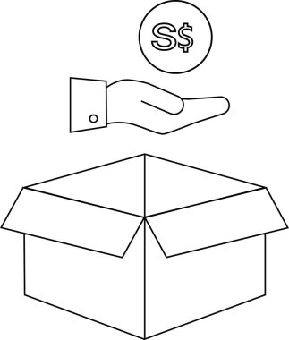 Bir bağış kutusu, üzerinde bir el bulunan Singapur dolar sembolü ile tasvir edilir, sadaka vermeyi önerir..