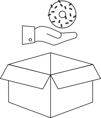 Açık bir kutuya serpiştirilmiş çörekleri koyan bir elin minimalist çizgisi. Teslimatı ya da hediyeyi simgeliyor..
