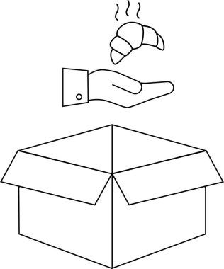 Açık bir karton kutunun üzerinde ay çöreği sunan bir el, basit bir çizgi çizimi..