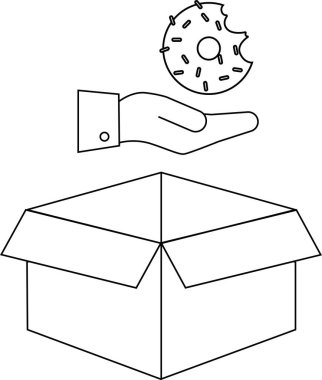Açık bir kutunun üzerinde donut sunan bir elin basit bir çizgisi çizimi, renk ve tasarım elementleri için uygundur..