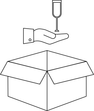 Bir el açık karton bir kutunun üzerinde şampanya bardağı sunuyor..