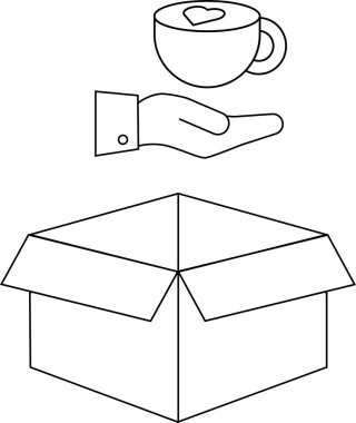 Açık bir kutunun üzerinde kalp tasarımı olan bir fincan kahve ikram eden bir el, basit çizgilerle tasvir edilmiş..