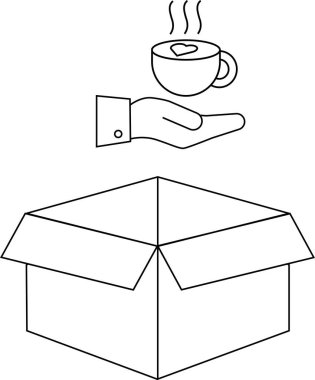 Sanat tarzında açık bir kutunun üzerinde bir fincan kahve ikram eden bir el..