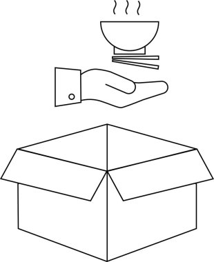 Açık bir kutunun üzerinde yemek çubukları olan erişte ikram eden bir el çizgisi çizimi. Yemek teslimatını ya da hediyeyi simgeliyor..