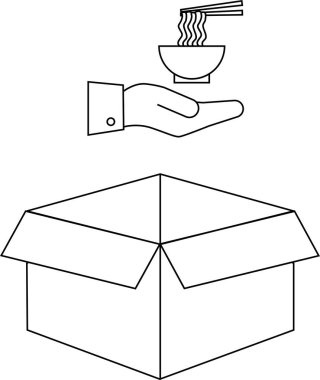Açık bir kutunun üzerinde bir kase erişte sunan basit bir el çizgisi çizimi..