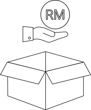 Açık bir karton kutunun üzerinde Malezya Ringgit 'i sunan bir el, ambalaj veya teslimatla ilgili bir mali işlem veya yatırım öneriyor.