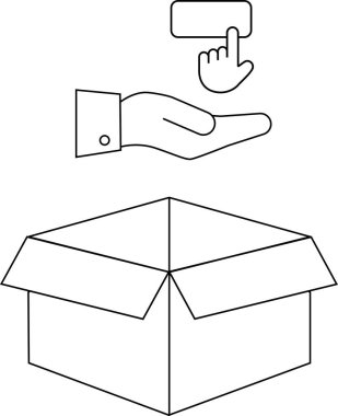 Basit bir el çizgisi çizimi bir nesneyi açık bir kutuya koyuyor, teslimatı veya depoyu sembolize ediyor.