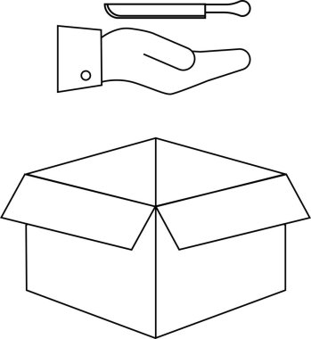 Açık bir kutunun üzerinde bıçak tutan bir elin basit bir çizgisi çizimi, bir uyarı ya da tehlike kavramını ortaya koyuyor..