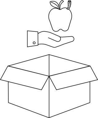 Açık bir kutunun üzerinde solucanı olan bir el sunan siyah ve beyaz bir illüstrasyon vermek veya almak bir konsept önerir.