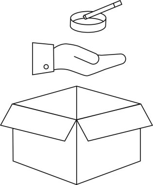 Açık bir karton kutunun üzerinde sigara ve kül tablası sunan bir eli gösteren basit bir çizim..