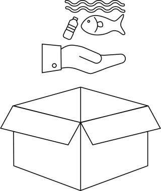 Açık bir kutunun üzerinde balık ve şişe sunan bir el çizimi, çevresel kaygıları ve koruma çabalarını simgeliyor..