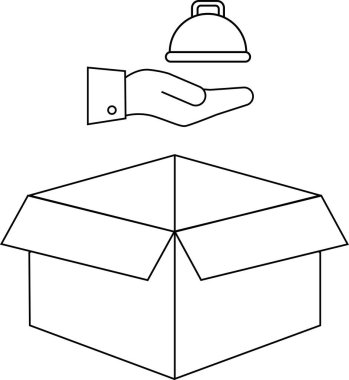 Açık bir karton kutunun üzerinde yemek kubbesi sunan bir el tasviri. Hizmeti veya teslimatı simgeliyor..
