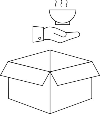Bir çizgi, açık bir karton kutunun üzerinde bir kase sıcak yemek sunan bir eli tasvir eder. Bu, hayır ya da teslimatı sembolize eder..