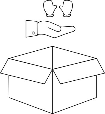 Siyah ve beyaz bir çizgi, açık bir kutunun üzerinde eldiven sunan bir eli tasvir ediyor, bağış veya sadakayı simgeliyor..