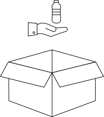 Basit bir çizim, geri dönüşüm veya depolamayı sembolize eden, bir şişeyi açık bir karton kutuya yerleştiren bir eli resmediyor..