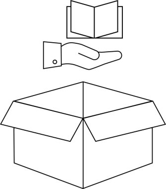 Tabutu açık bir karton kutuya koyan bir el çizgisi çizimi, teslimatı, ambalajı veya depolamayı simgeliyor..