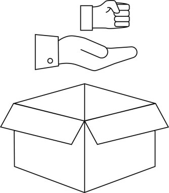 Bir çizgi, iki eli tasvir eder, biri açık ve biri sıkılmış, açık bir kutunun üzerine yerleştirilmiş, vermek, almak veya potansiyel olarak almak gibi kavramları önerir.
