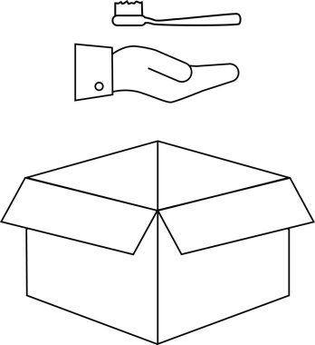 Diş fırçasının basit bir çizimi ve açık bir kutunun üzerindeki el, yerleştirme ya da bağış önerisi.
