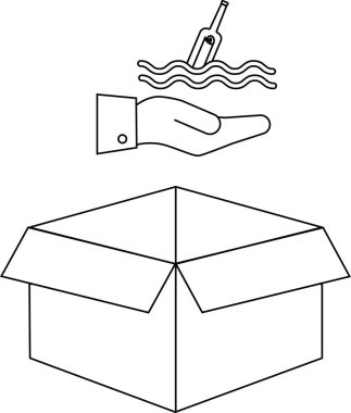 Açık bir kutunun basit bir çizgisi. Üstünde bir şişenin içindeki mesajı tutan bir el resmi..