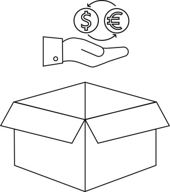 Dolar ve avro para değiş tokuşu ile ticaret, finans veya küresel işletmeyi sembolize eden açık bir kutu.
