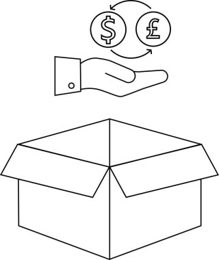 Açık bir kutunun üzerinde para değişimi sunan bir el, mali yatırımı, ticareti ve büyüme ve geri dönüş potansiyelini sembolize ediyor..
