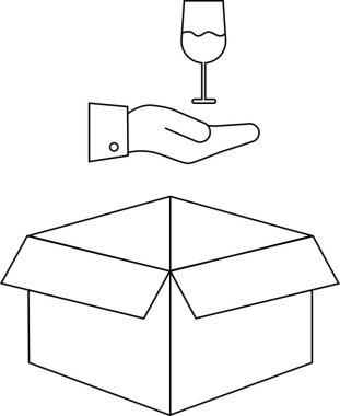 Bir elin üzerinde şarap kadehi ve beyaz bir kutunun üzerinde izole edilmiş bir şekilde çizilmiş bir çizim..