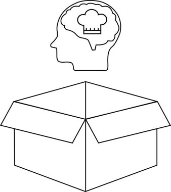 Bir şefin zihniyetini tasvir eden kavramsal bir illüstrasyon, içinde aşçı şapkası olan bir kafa tarafından temsil ediliyor, açık bir kutunun üzerinde duruyor, mutfak sanatları kutusunun dışındaki düşünceyi sembolize ediyor..