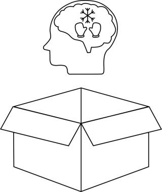 Kar taneli bir kafa ve içinde soğuk düşünceleri temsil eden eldivenler olan bir kutuya konsept bir illüstrasyon..