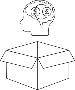 İçinde para birimi sembolleri olan siyah-beyaz bir resim, açık bir kutunun üzerinde, mali konularda kutunun dışını temsil eden bir kafa..