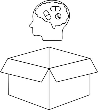 Zihinsel sağlık sorunlarının tedavisini sembolize eden, açık bir kutunun üzerinde haplar bulunan bir kafayı gösteren kavramsal bir illüstrasyon..